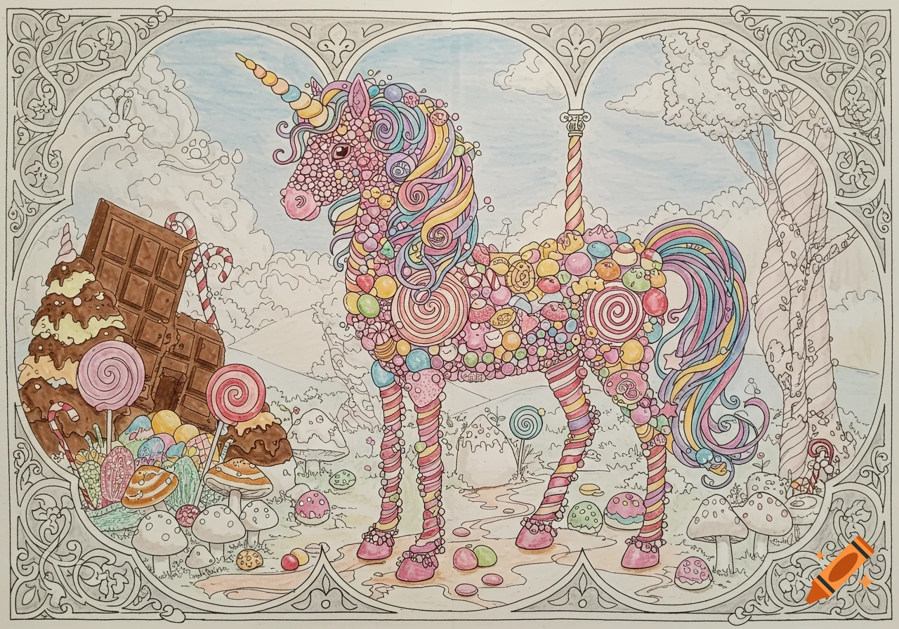 A coloring page depicting a whimsical unicorn made of colorful candies in a sweet landscape with chocolate and lollipops.
