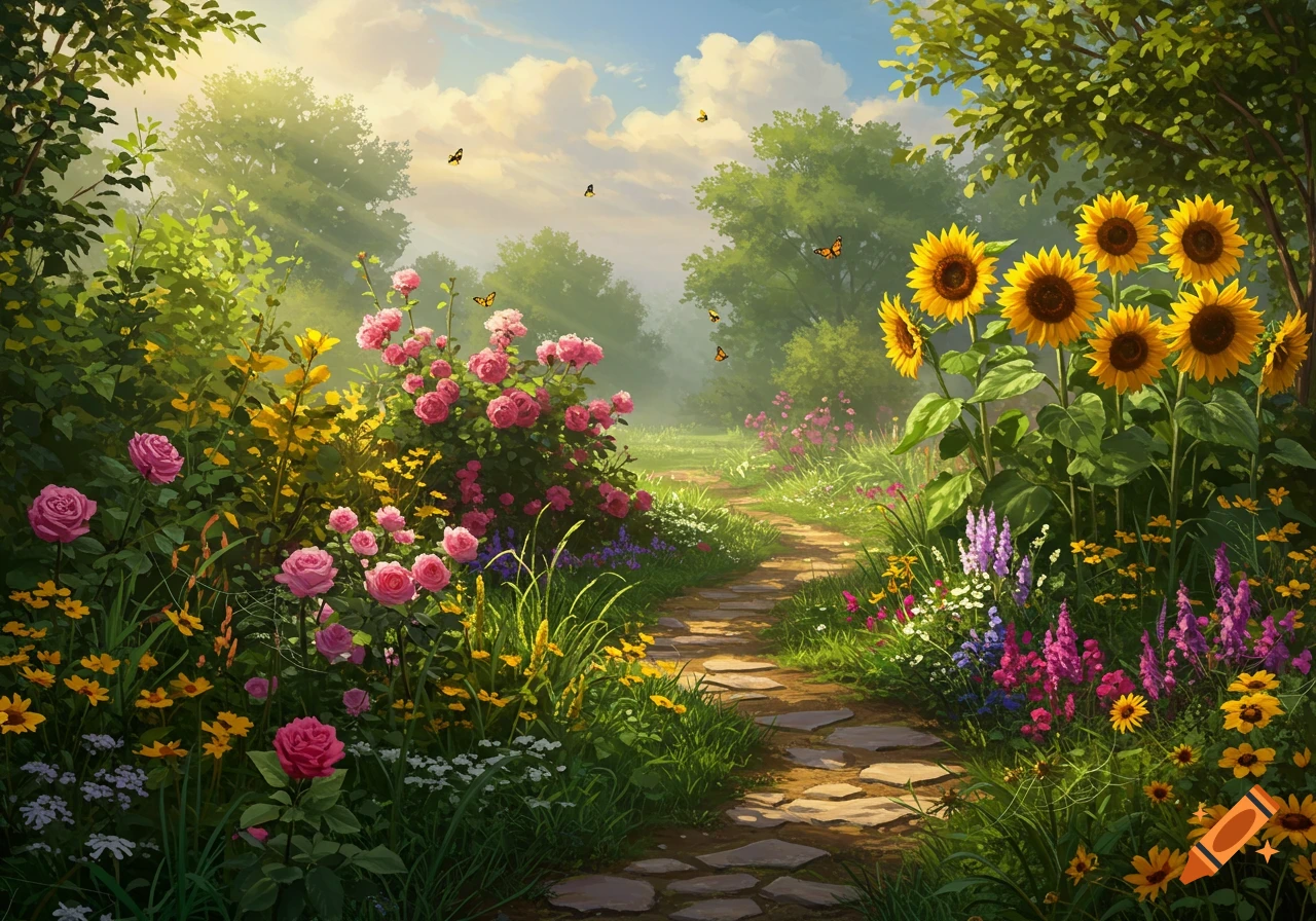 A vibrant garden path winding through lush pink roses, tall yellow sunflowers, and various wildflowers under a sunny sky with butterflies.