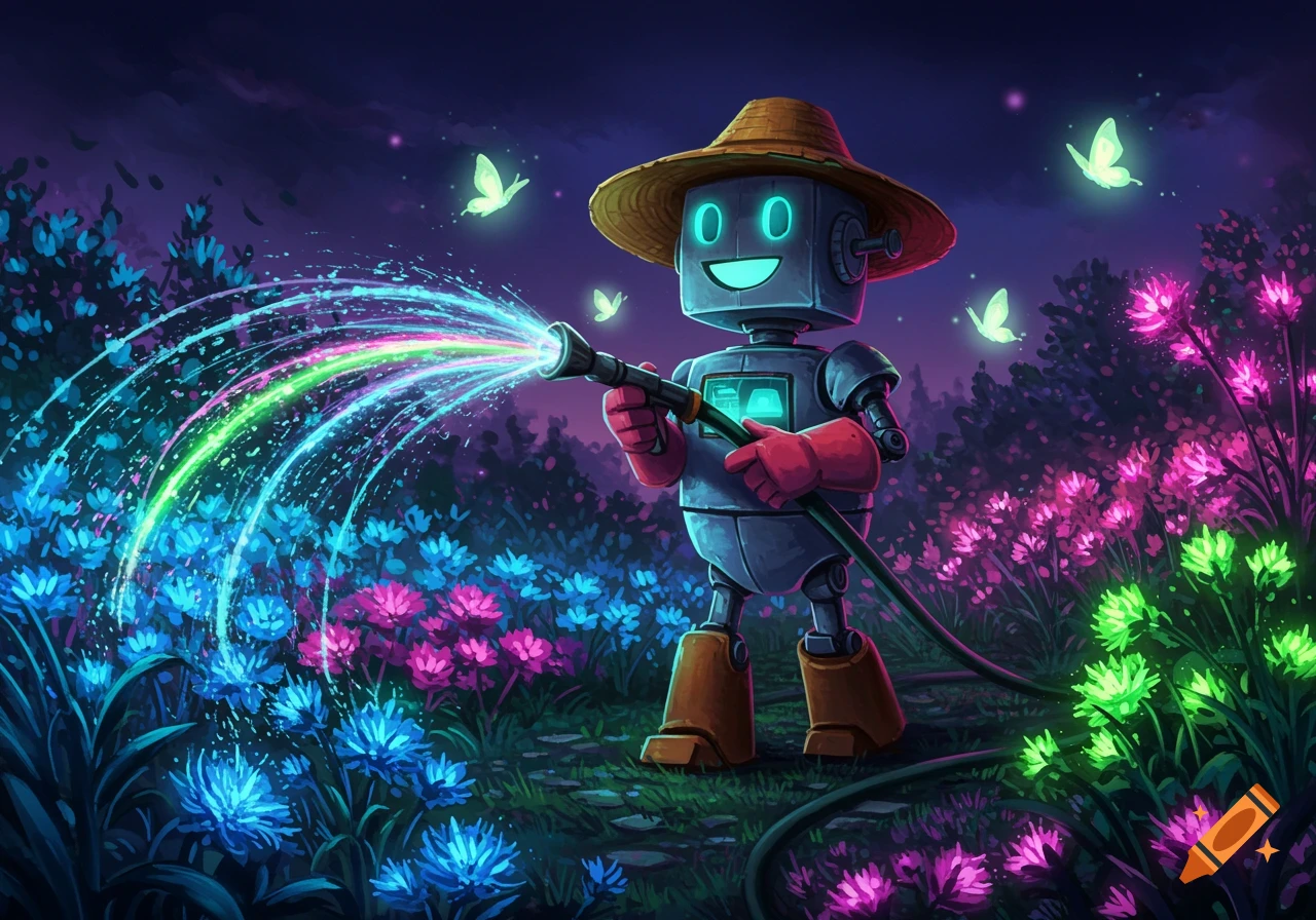 A friendly robot in a straw hat waters a vibrant garden of glowing flowers with a rainbow hose spray, as luminous butterflies flutter around.
