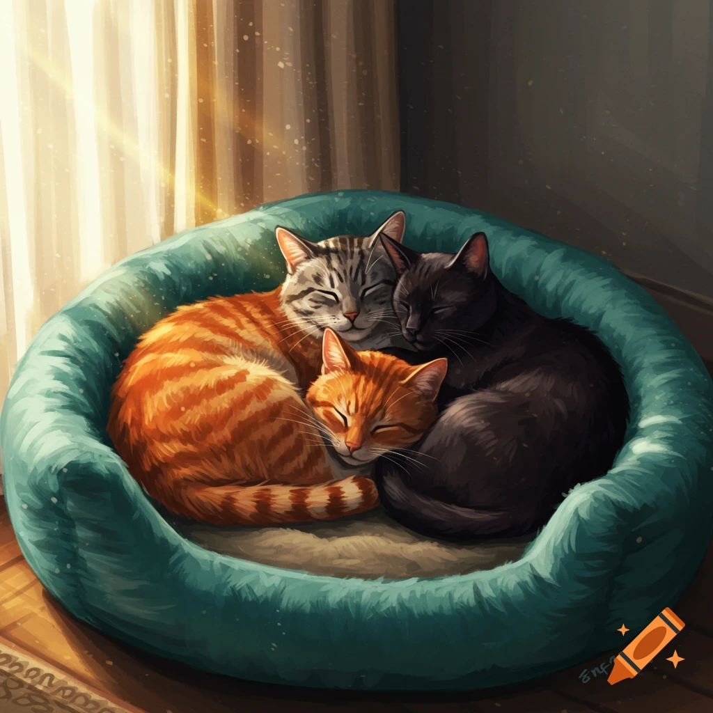 Three cats, one orange tabby, one black, and one gray striped, curled up and snuggling together in a teal pet bed bathed in sunlight.