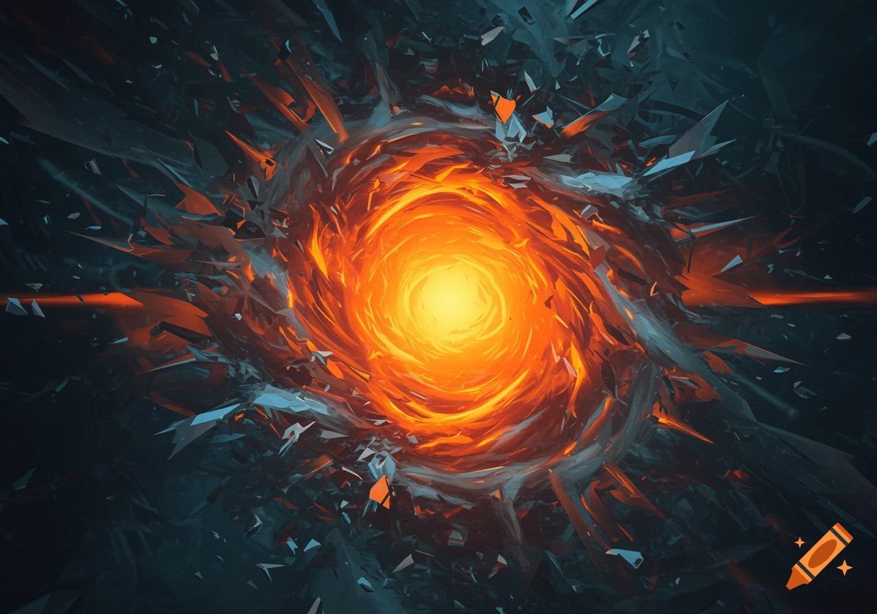 Abstract digital art of a swirling orange and yellow vortex surrounded by sharp, shattered dark shapes.