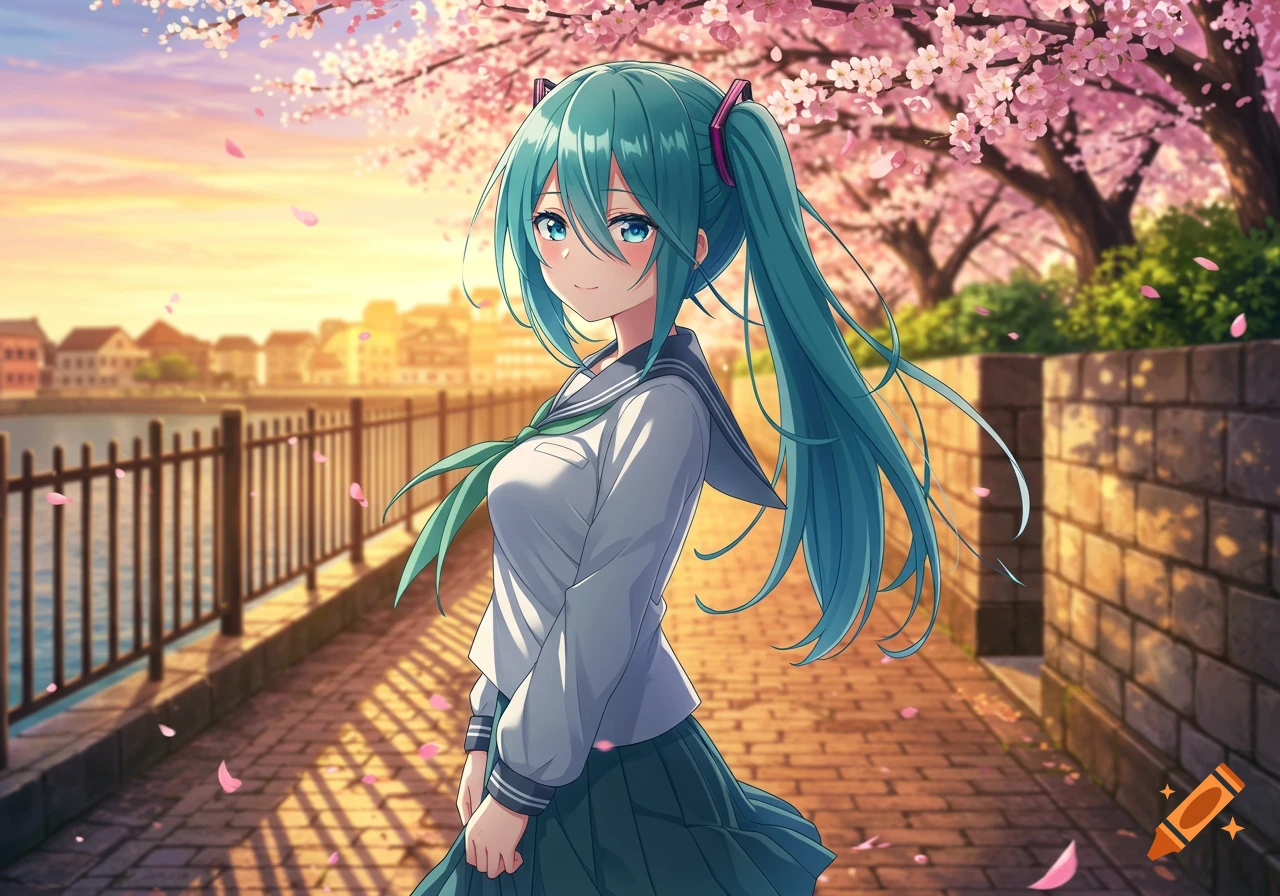 A detailed anime illustration of Hatsune Miku in a school uniform standing on a cherry blossom-lined path at sunset.