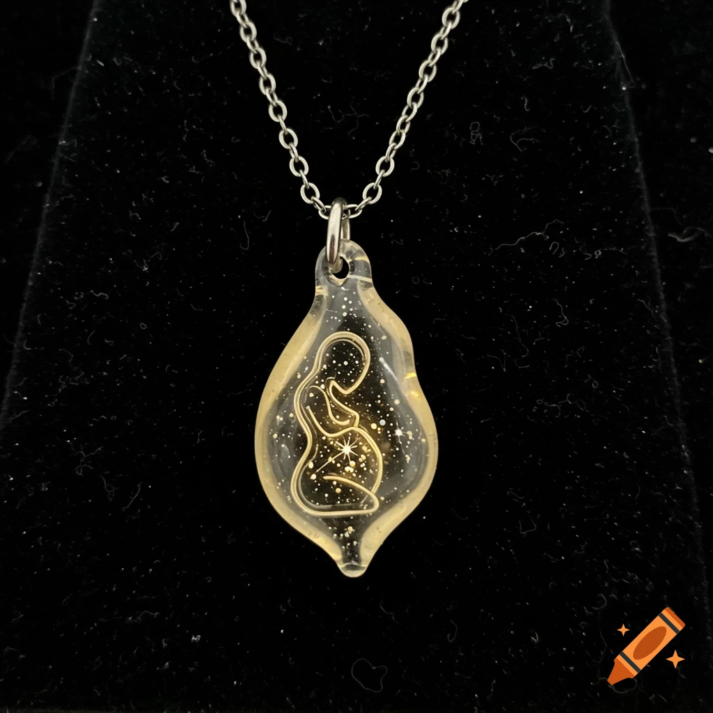 A silver necklace with a clear, teardrop pendant containing a sparkling outline of a pregnant woman on a dark velvet background.