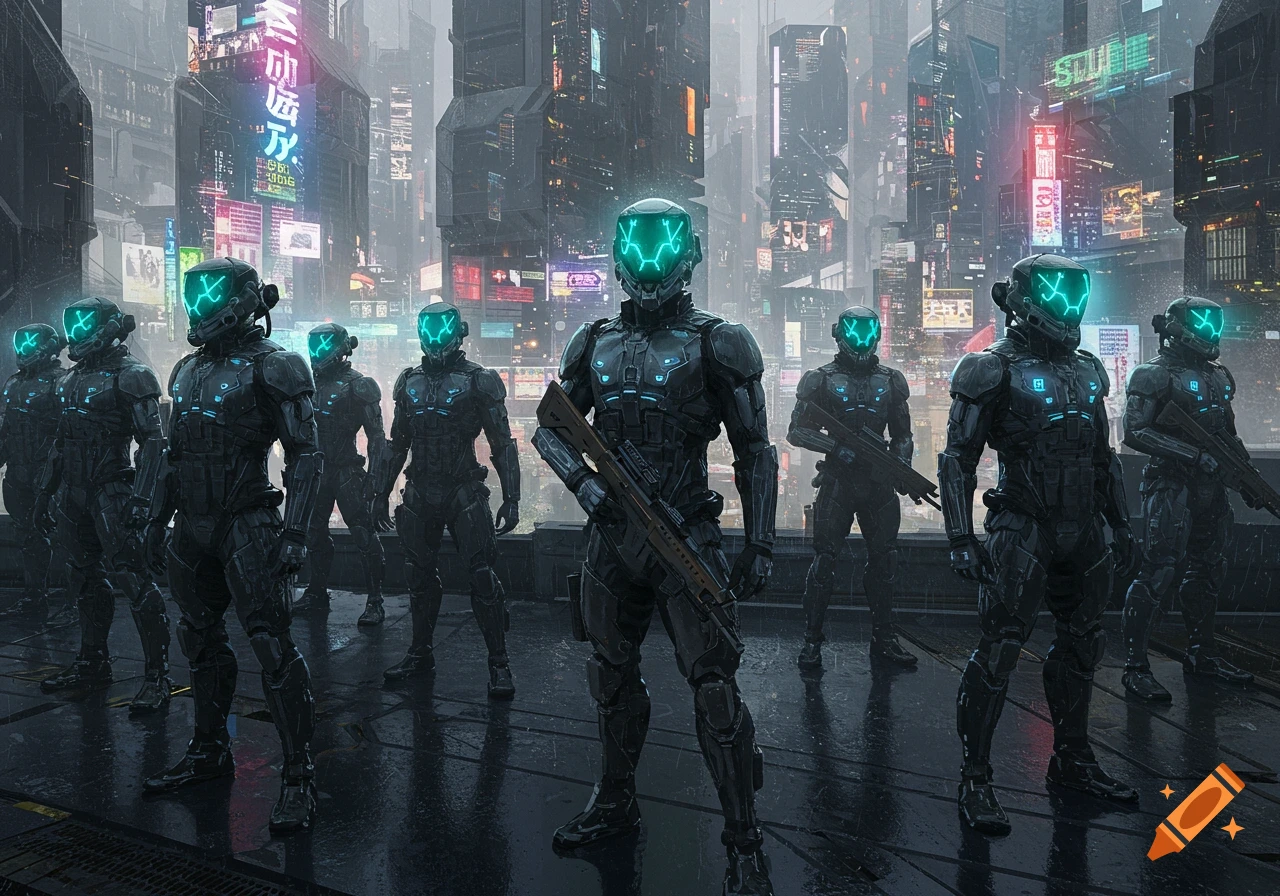 A squad of futuristic soldiers in dark, armored suits with glowing green helmets stand on a wet rooftop overlooking a neon-lit cyberpunk city at night.