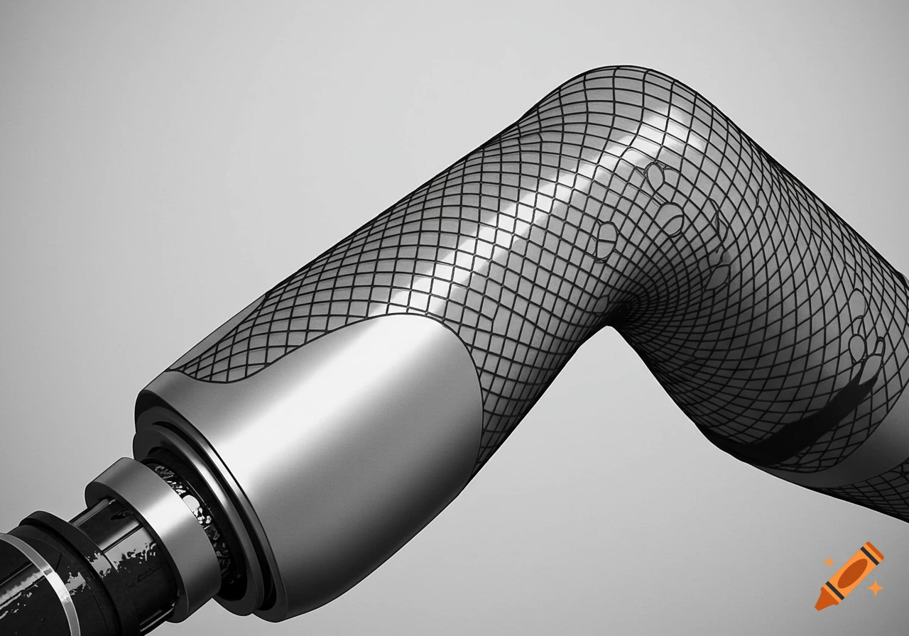 A black and white close-up render of a prosthetic leg wearing fishnet stockings.