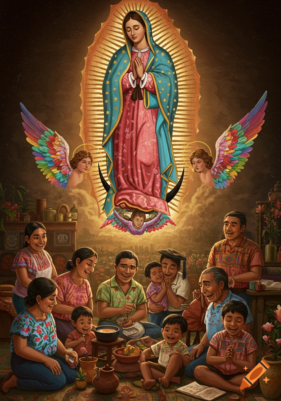 A vibrant religious illustration depicting La Virgen de Guadalupe floating above a warm scene of a Latino family gathered together, praying and interacting.