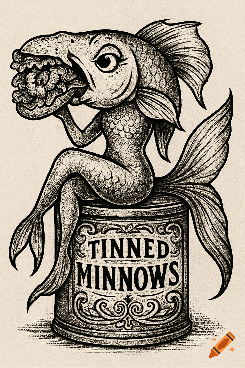 A black and white linework illustration of a fish-headed mermaid sitting on a can of 'Tinned Minnows', eating a large sandwich.