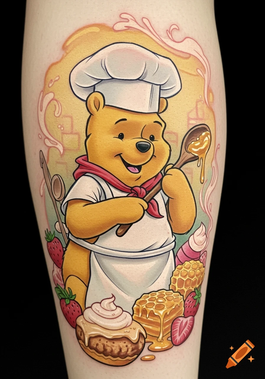 A colorful tattoo of Chef Winnie the Pooh holding a spoon of honey, surrounded by strawberries, honeycomb, and a cupcake.