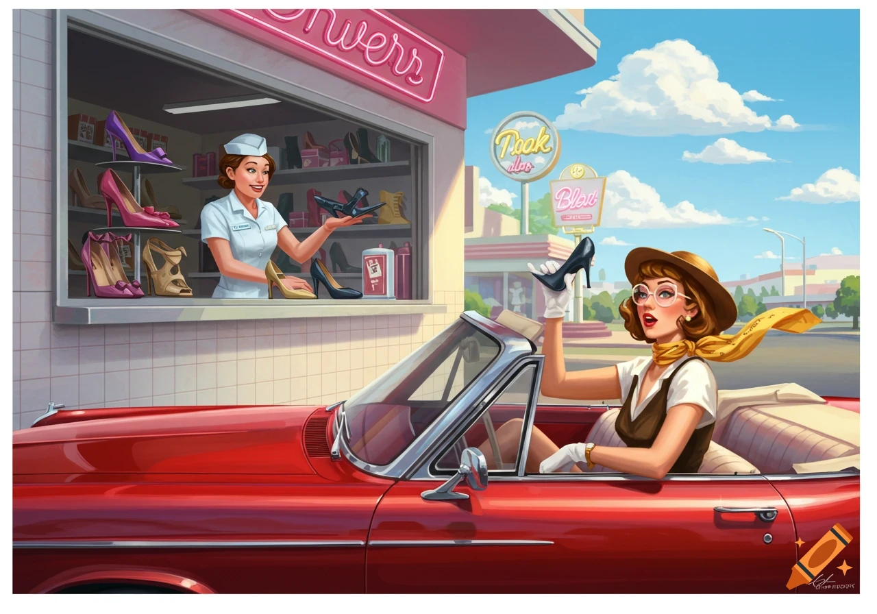 A woman in a red convertible holds up a black high-heel shoe while a clerk at a retro drive-up shoe store window shows her other shoes.