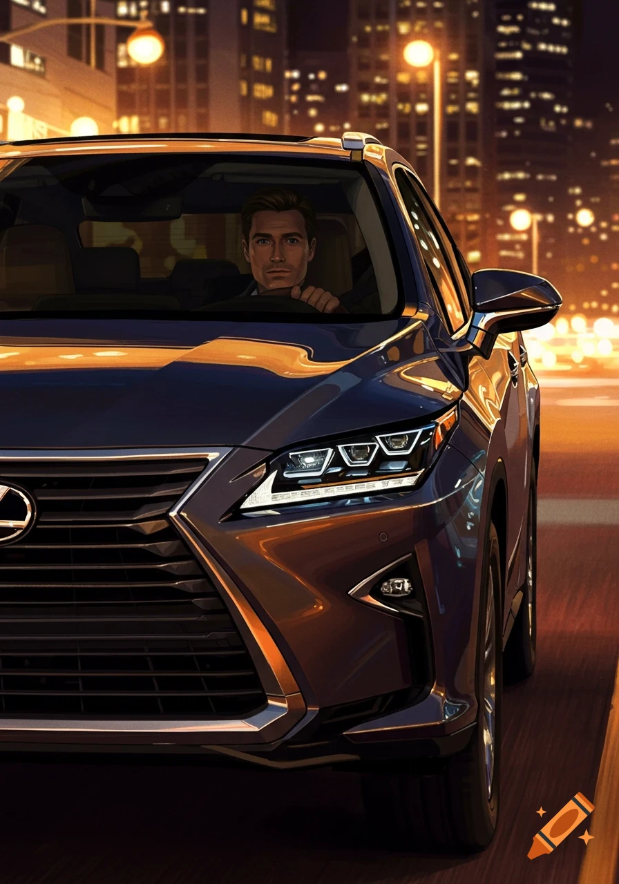 A man drives a dark Lexus SUV at night with city lights in the background, in a stylized digital art style.