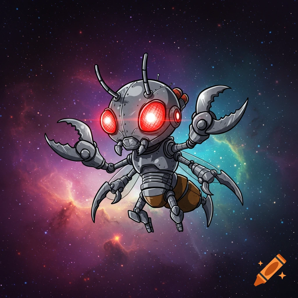 A chibi cartoon style robot bug with silver plating, sharp claws, and glowing red eyes, floating in space with a colorful galaxy background.