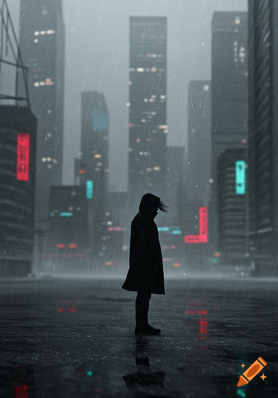 A lone person in a dark coat stands on a wet street in a rainy, futuristic city, silhouetted against tall buildings with neon lights.