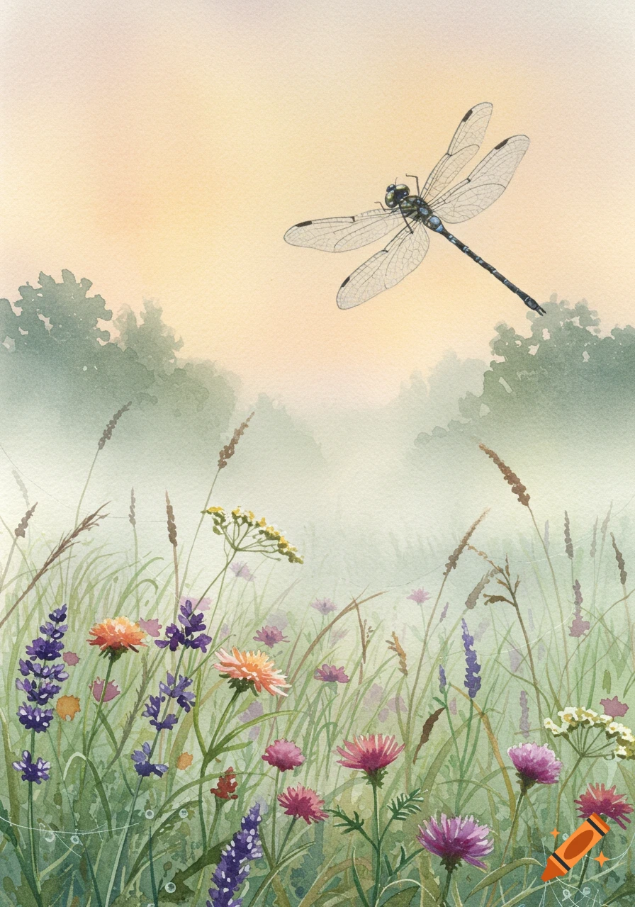 A watercolor painting depicts a dragonfly flying above a meadow filled with colorful wildflowers, with misty trees in the background.