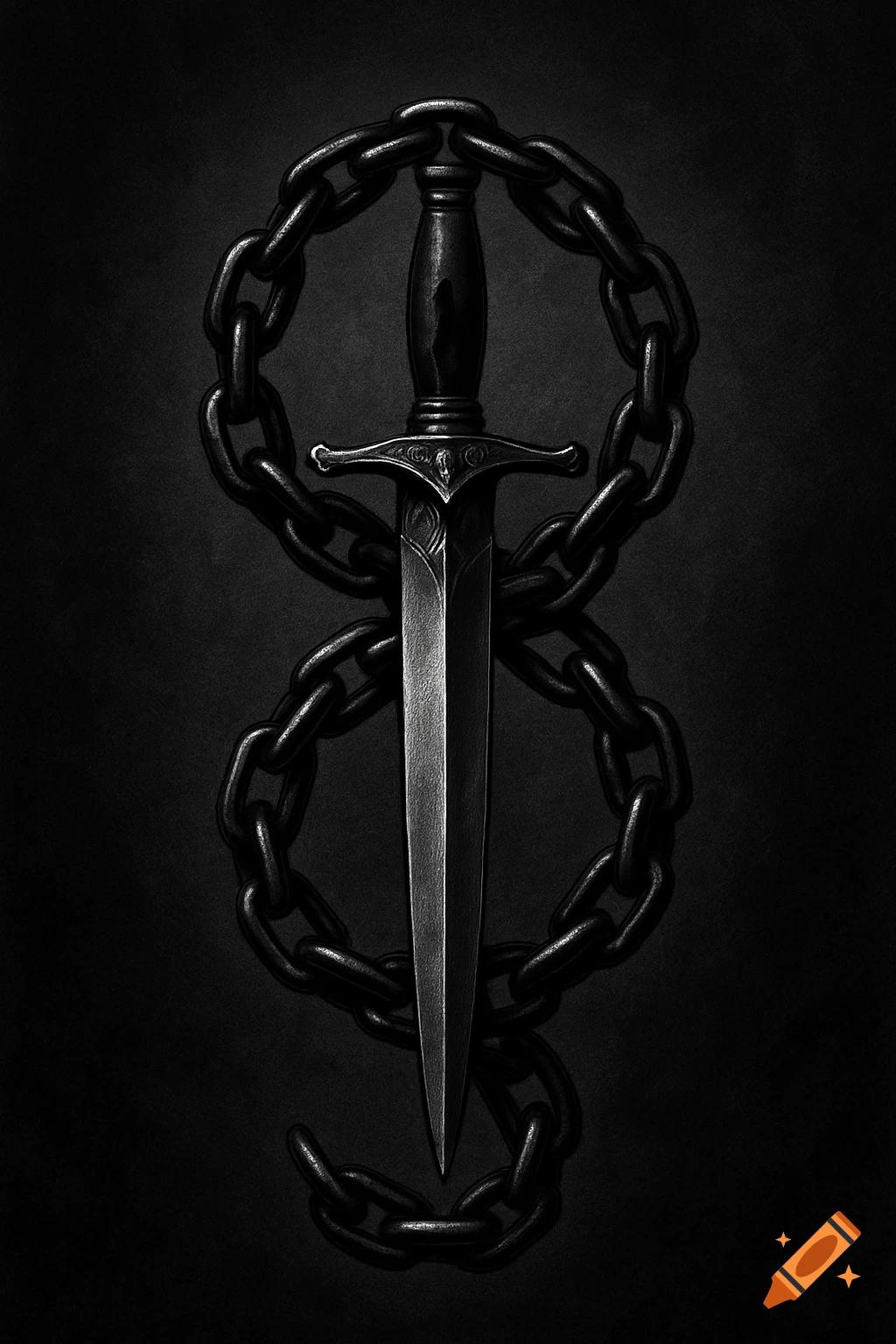A greyscale illustration of a dagger with a decorative hilt, entwined by a dark chain, on a textured black background.
