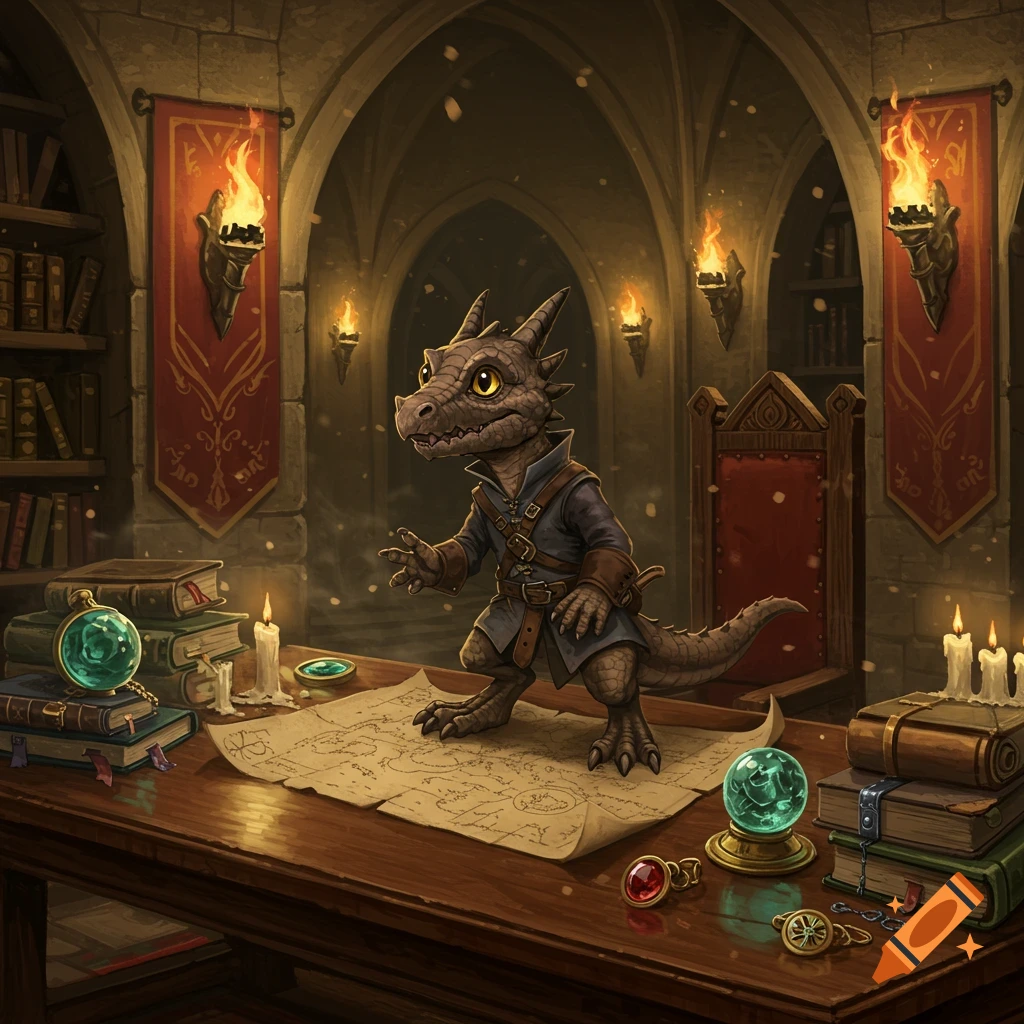 A cute kobold stands on a map-covered table in a medieval castle study, surrounded by books, torches, and magical items.
