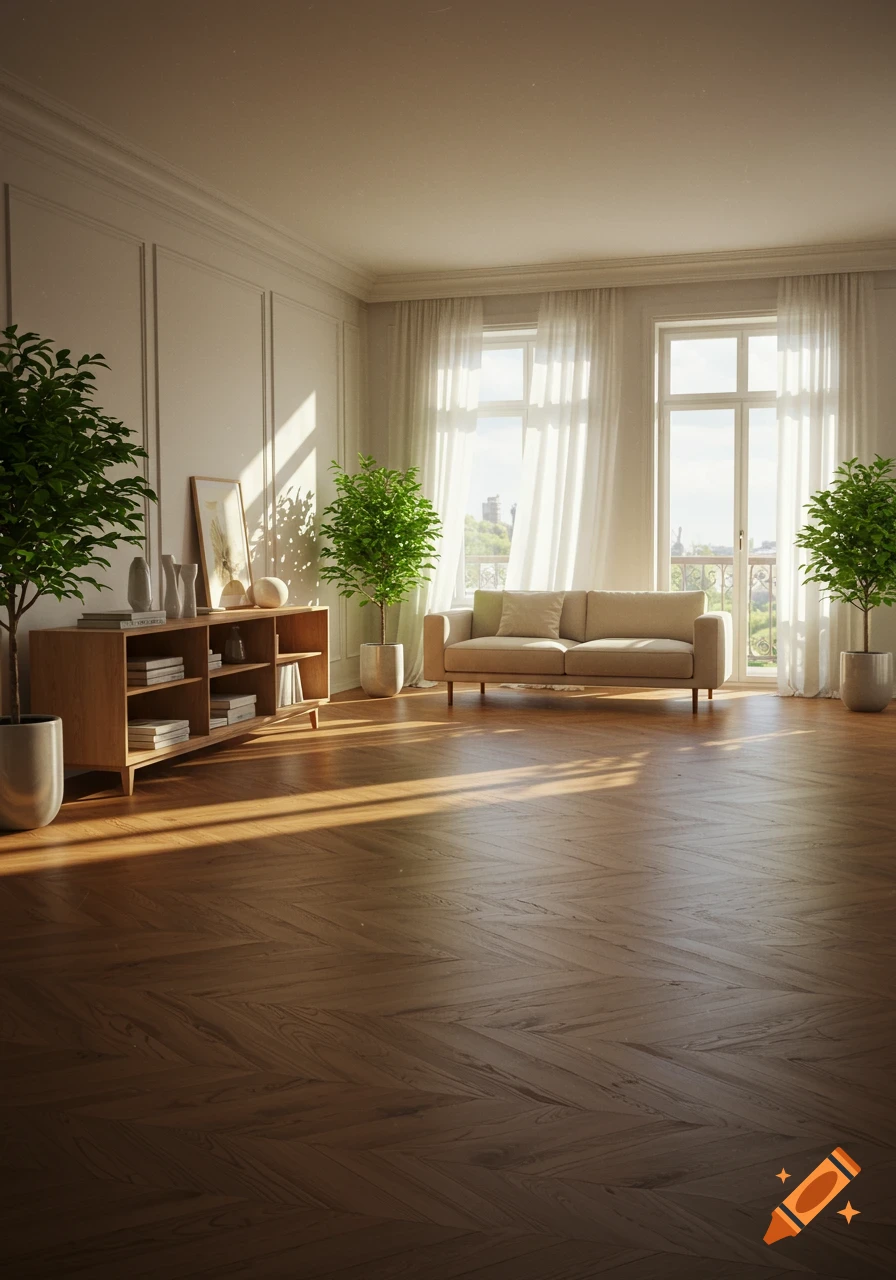 A photorealistic empty living room with a light brown sofa, a wooden cabinet, several green plants, and a herringbone wood floor. Sunlight streams through large windows with white sheer curtains, casting shadows on the floor.