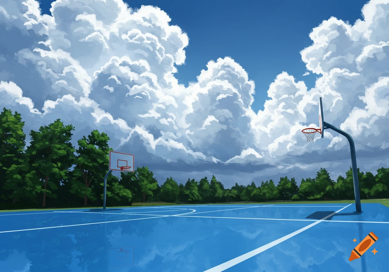 A vibrant blue outdoor basketball court under a bright blue sky with large fluffy white clouds and a line of green trees in the background, in an anime art style.