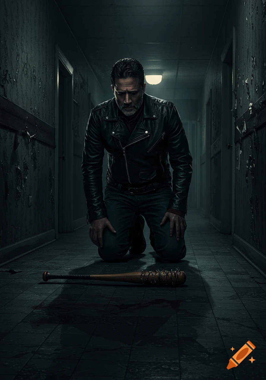 A man resembling Negan kneels in a dimly lit, decaying hallway with a barbed wire baseball bat on the floor. Photorealistic.