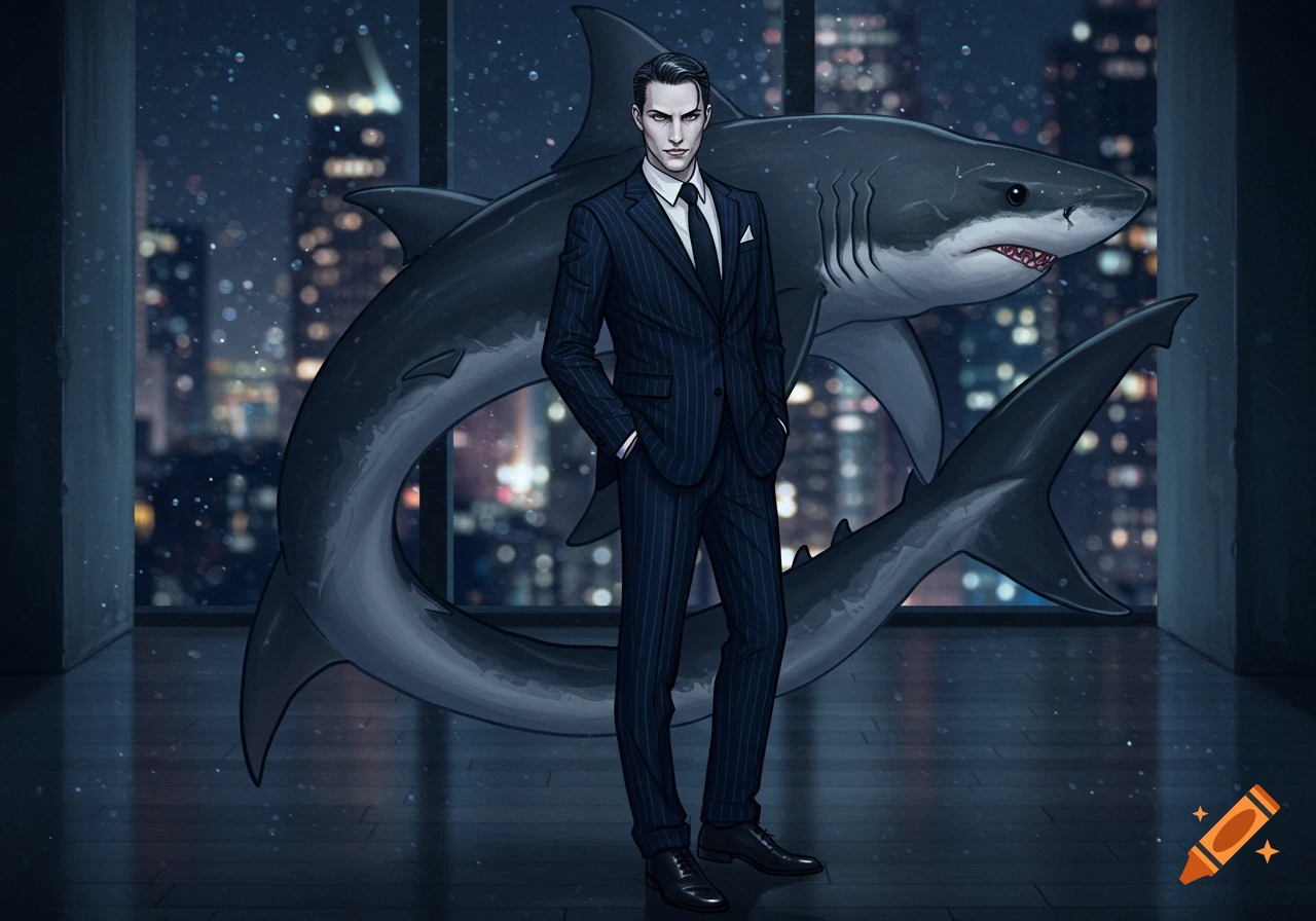 Illustrated man in a pinstripe suit with slicked-back hair stands in front of a large shark and a blurry cityscape at night.