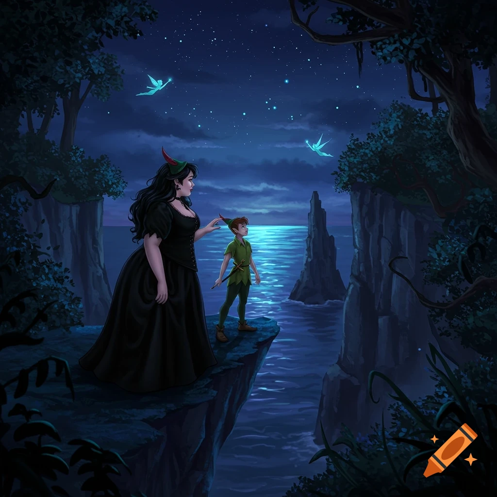 A plus-size woman with horns and Peter Pan stand on a cliff overlooking a moonlit sea with fairies in the starry sky, digital art.