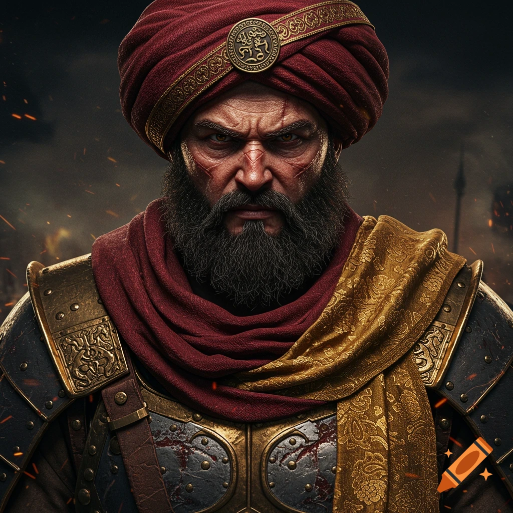 Hyper-realistic portrait of a battle-worn warrior king with a beard, crimson turban, and golden armor.