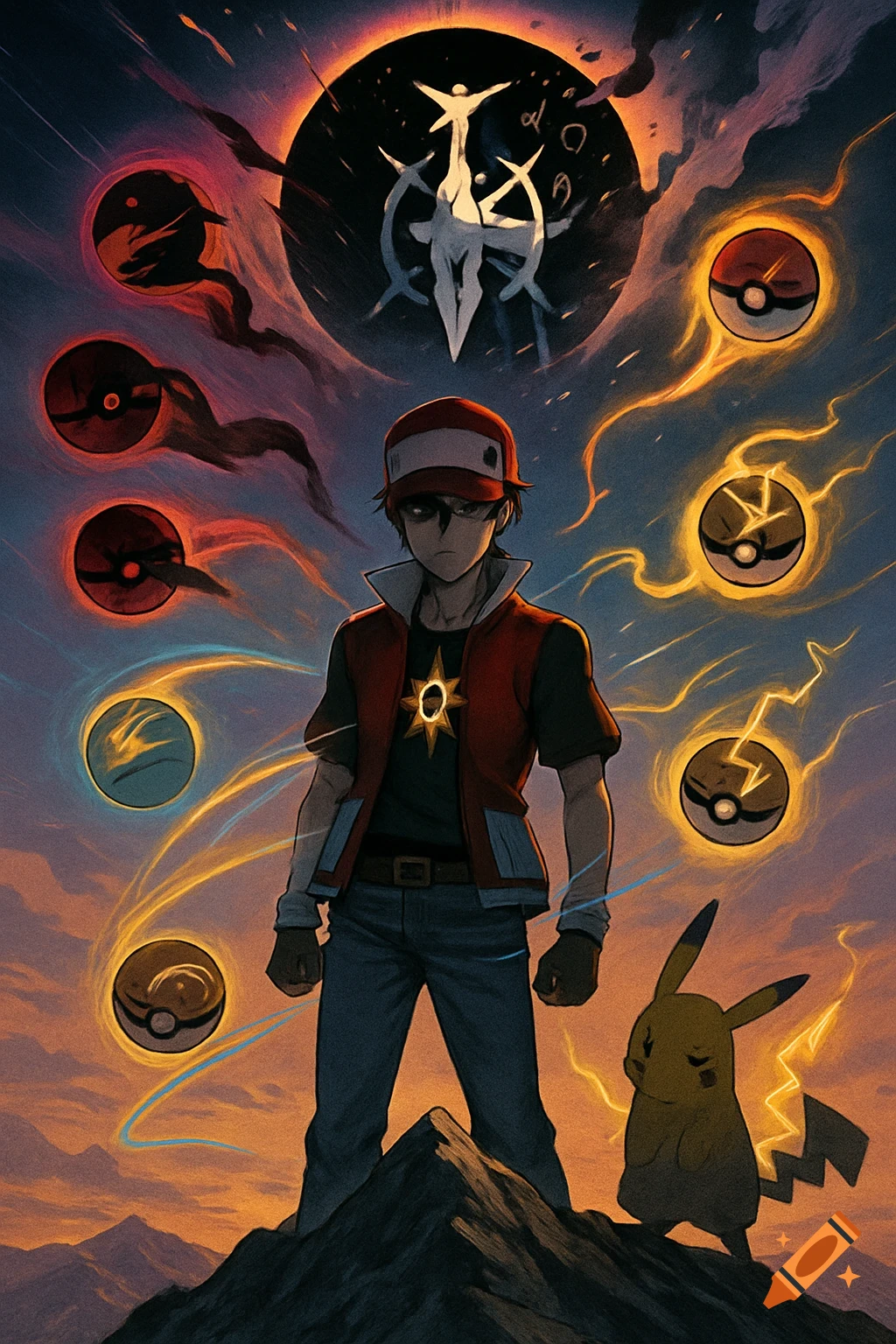 An anime-style image of Red from Pokemon standing on a mountain with Pikachu, surrounded by glowing Poke Balls and a dark celestial body with an Arceus silhouette.