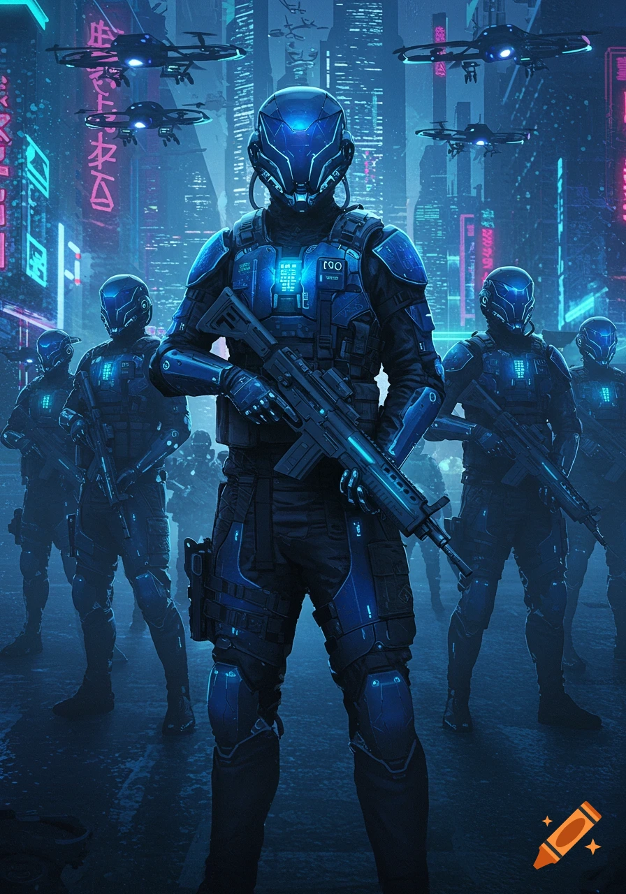 A group of futuristic soldiers in blue and black armor holding rifles stand in a neon-lit cyberpunk city with flying drones overhead.