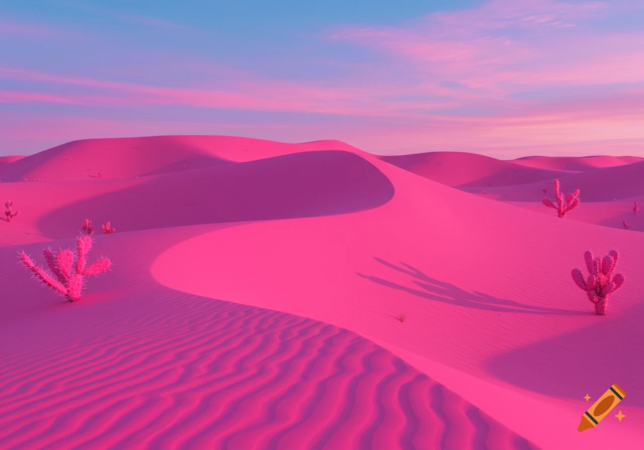 Vibrant pink desert dunes and cacti under a blue and purple sky.