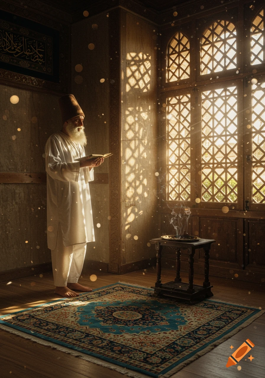 An old Sufi sage with a white beard reads a book in a sunlit room with ornate windows, a blue rug, and incense.