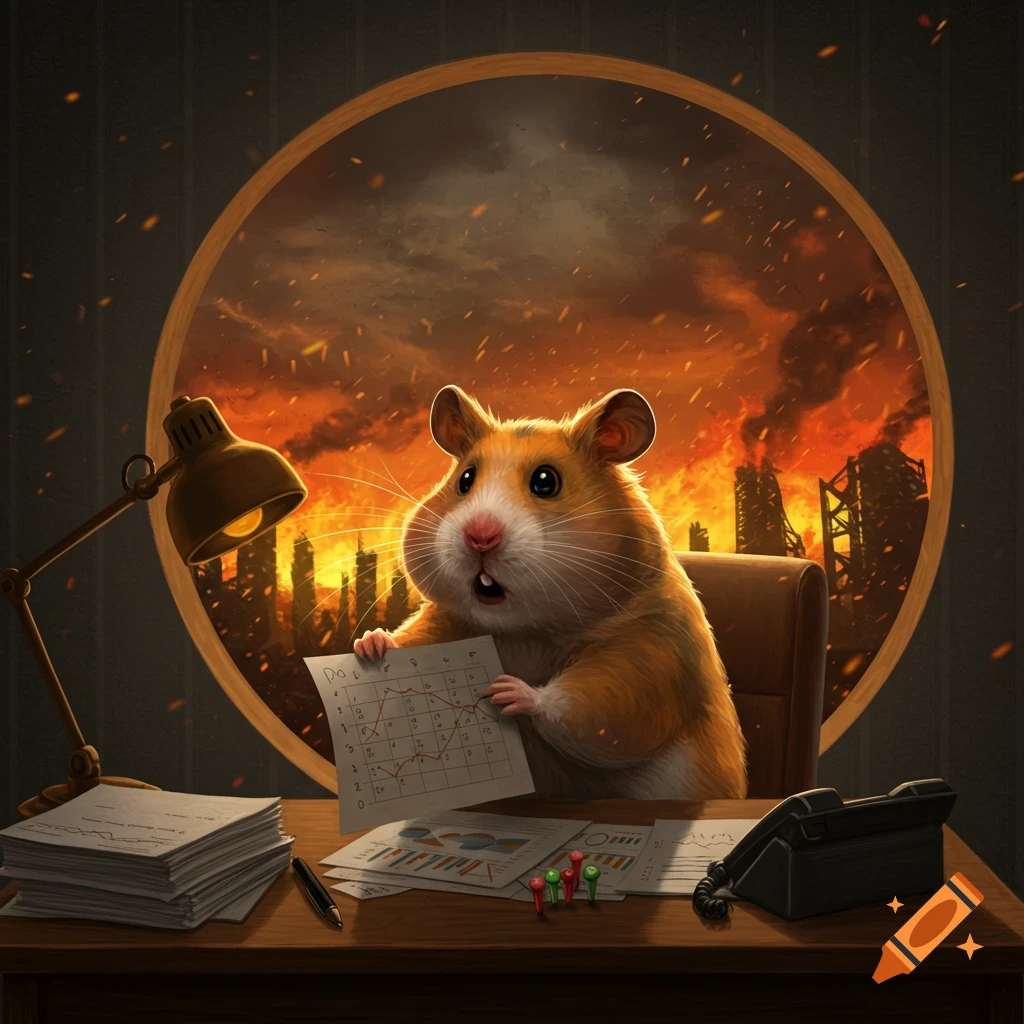A worried hamster, dressed as a professional, holds a schedule while sitting at a desk. A city burns outside the circular window in the background.