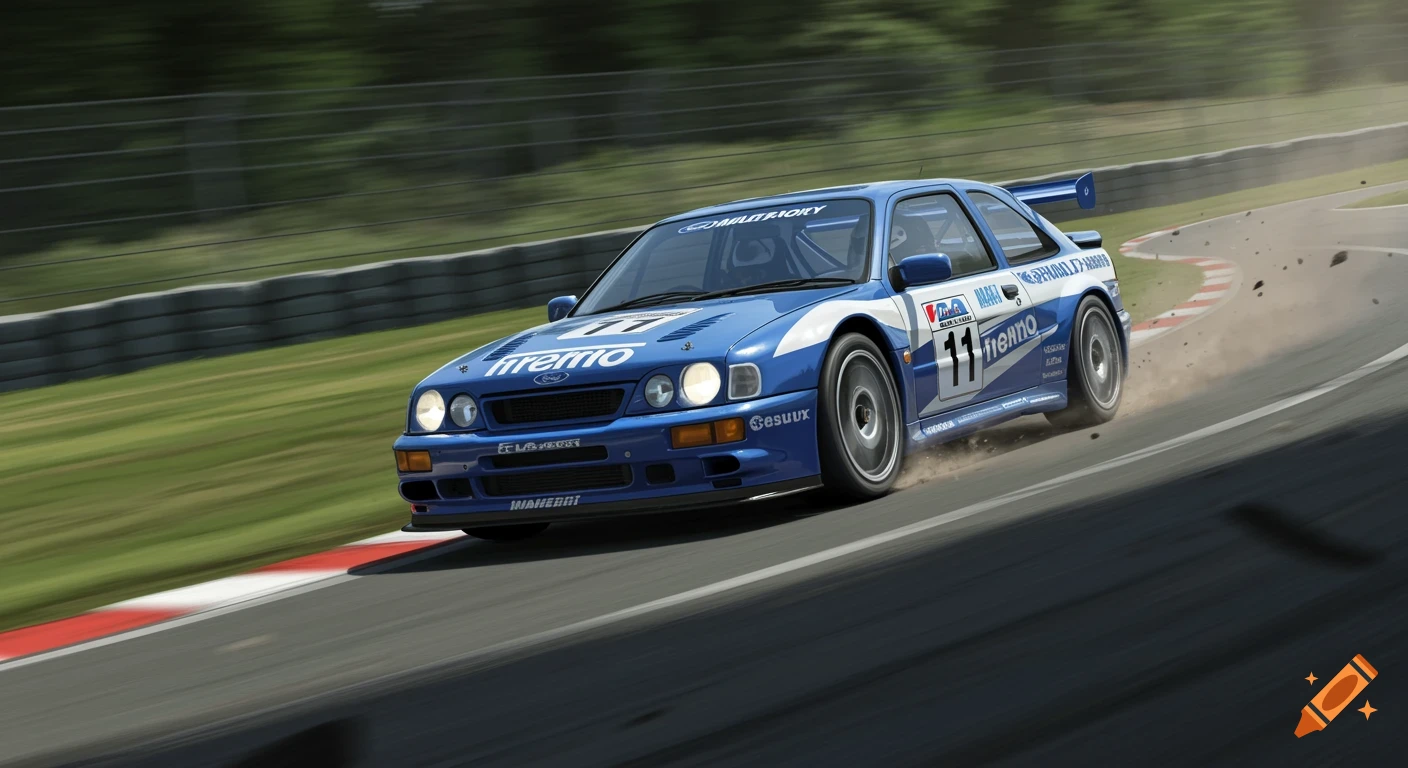 A blue and white Ford RS Cosworth race car speeds around a track, kicking up dust.