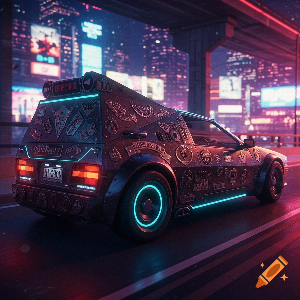 A dark, futuristic car covered in badges and adorned with neon blue lights drives on a road at night, with a neon-lit cyberpunk city in the background.