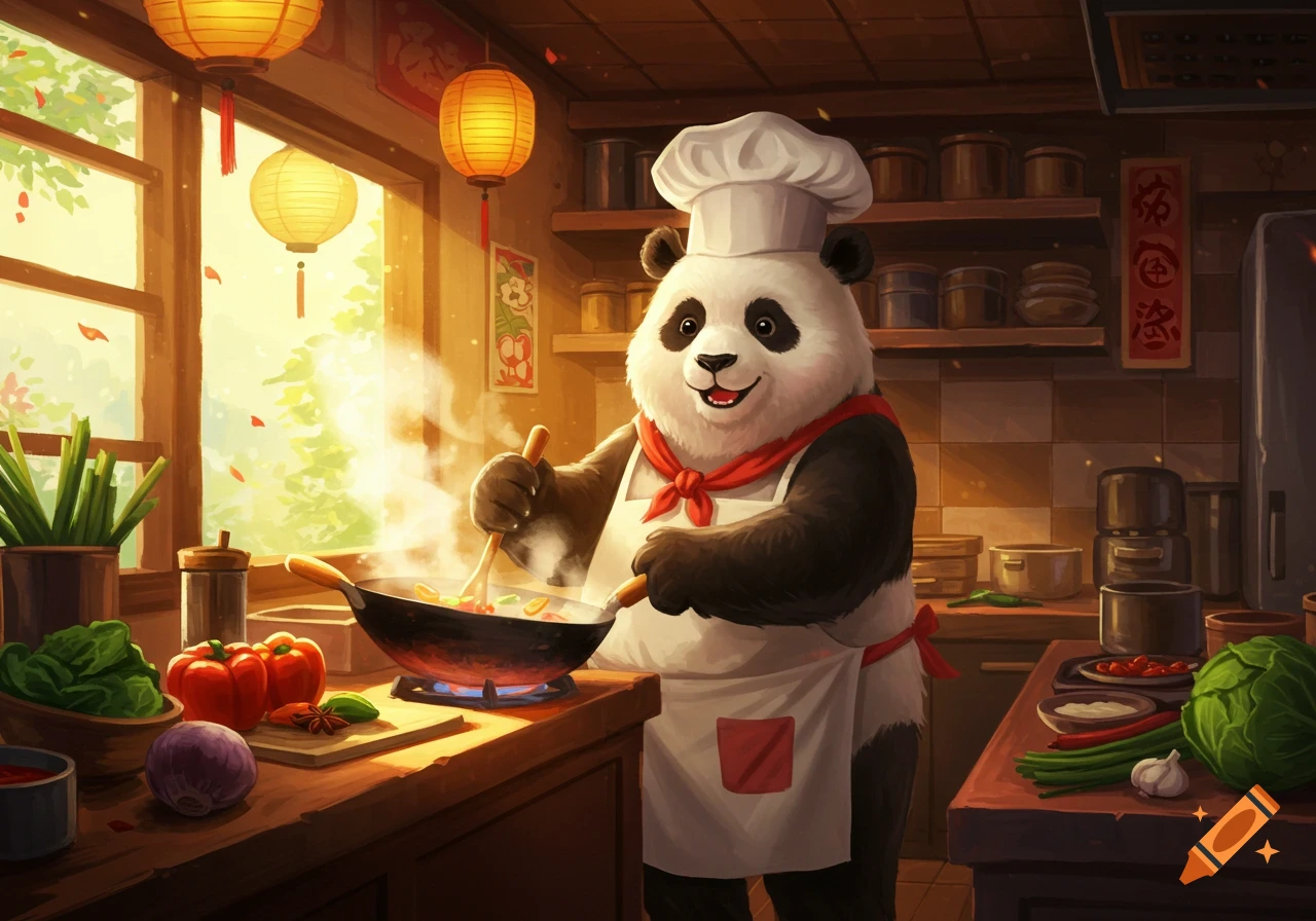 A cartoon panda chef in a white hat and apron stirs vegetables in a wok in a brightly lit kitchen with lanterns.