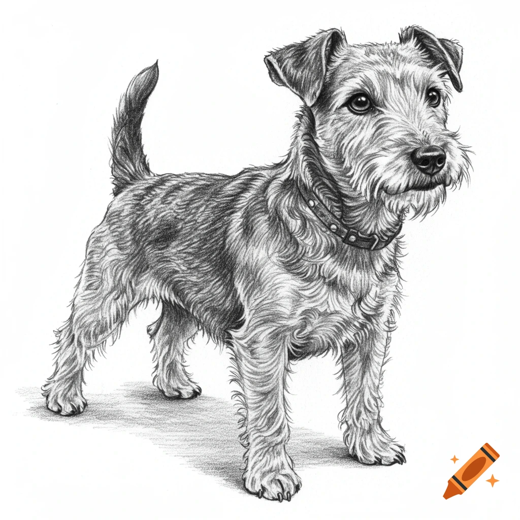 A black and white pencil sketch of a terrier dog standing.