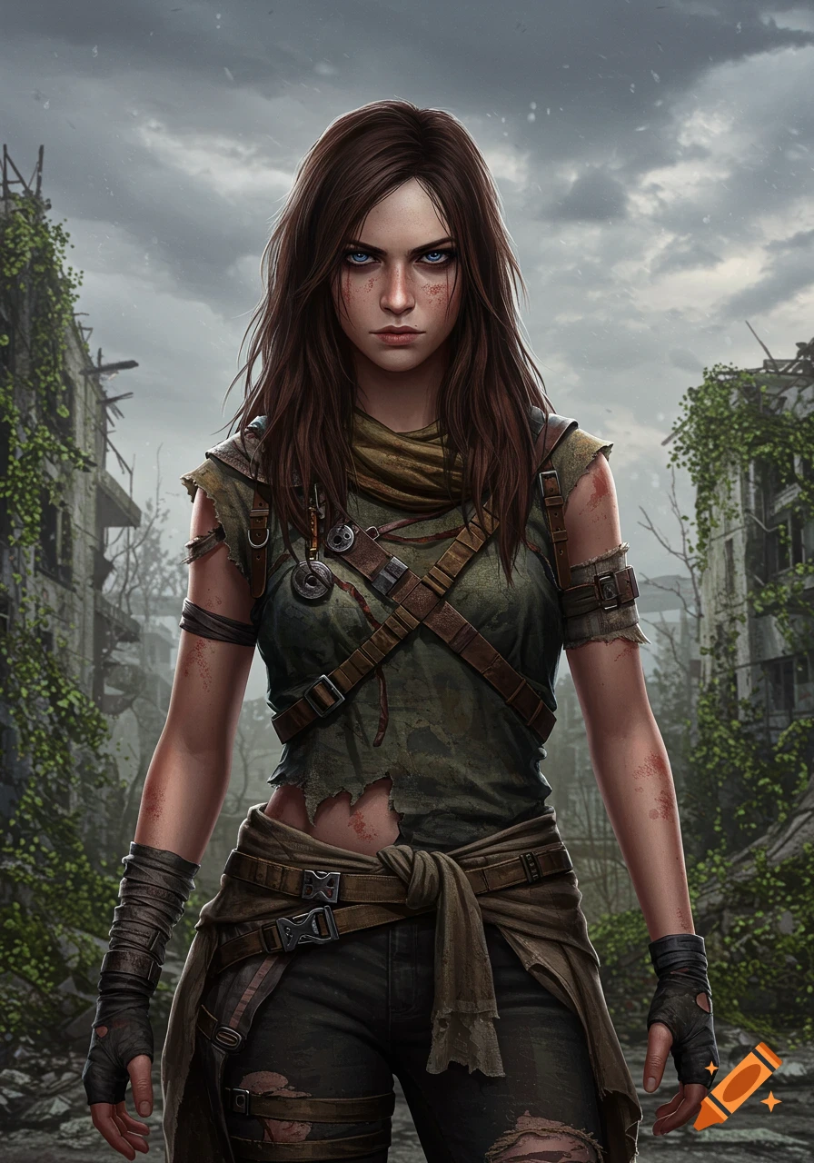 A determined young woman with brown hair and blue eyes, wearing ragged clothing, stands in a ruined post-apocalyptic city under a cloudy sky.