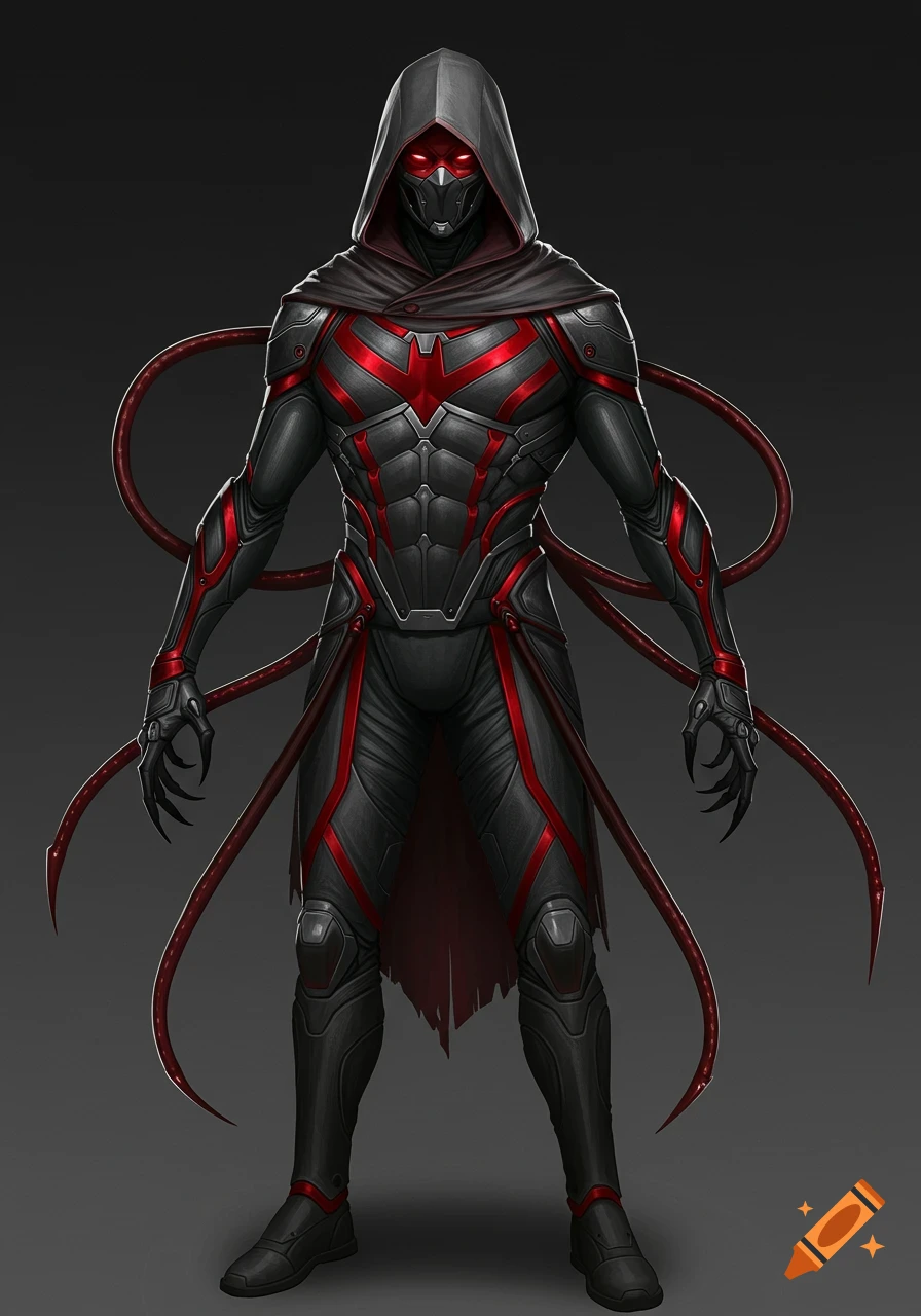 A hooded superhero in a black and grey armored suit with red accents, glowing red eyes, sharp claws, and red tendrils extending from their back.