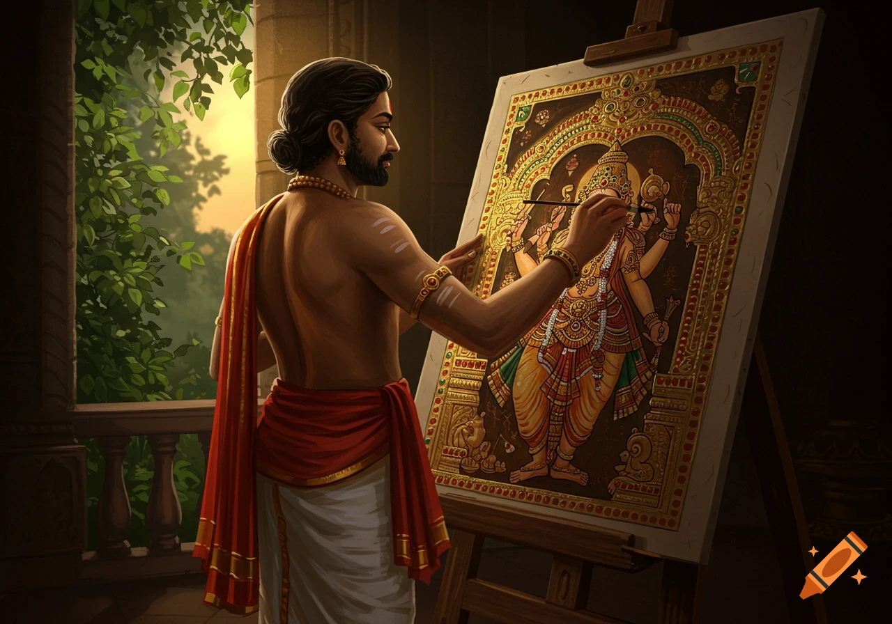 A male artist in traditional attire painting a detailed Tanjore artwork on an easel.