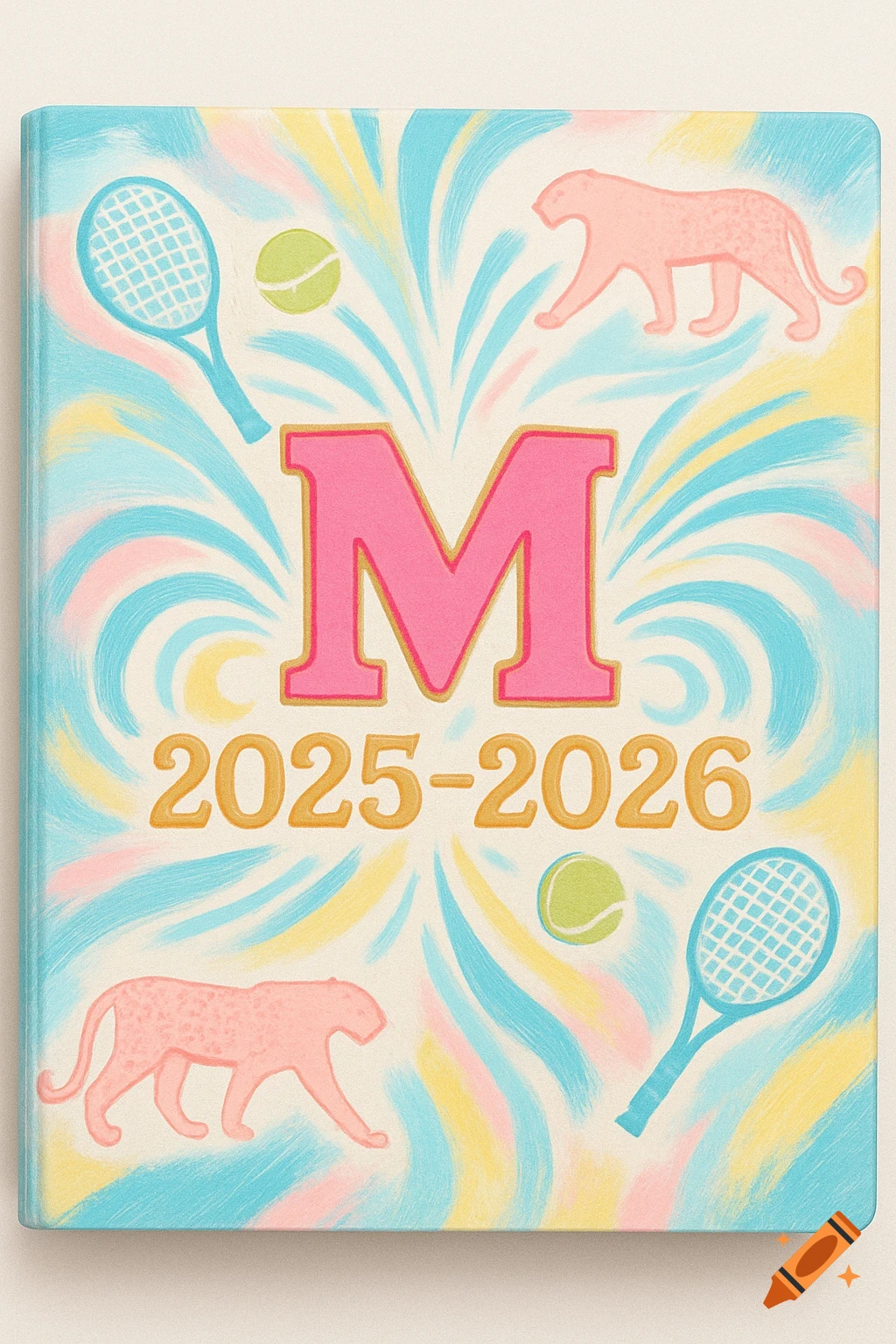 A pastel school binder cover featuring a large pink bubble letter M, dates 2025-2026, pink jaguars, light blue tennis rackets, and green tennis balls amidst colorful swirls.