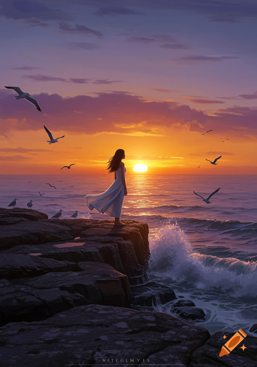 A woman in a white dress stands on a rocky cliff overlooking a vibrant orange and purple sunset over the ocean, with seagulls flying.