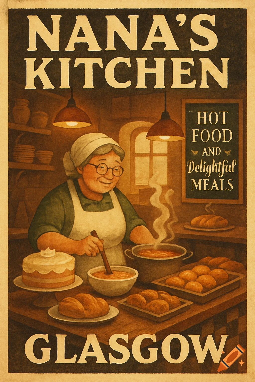 A vintage-style poster illustration of an elderly woman cooking in a cozy kitchen, surrounded by cakes and baked goods. Text reads "Nana's Kitchen", "Hot Food and Delightful Meals", and "Glasgow".