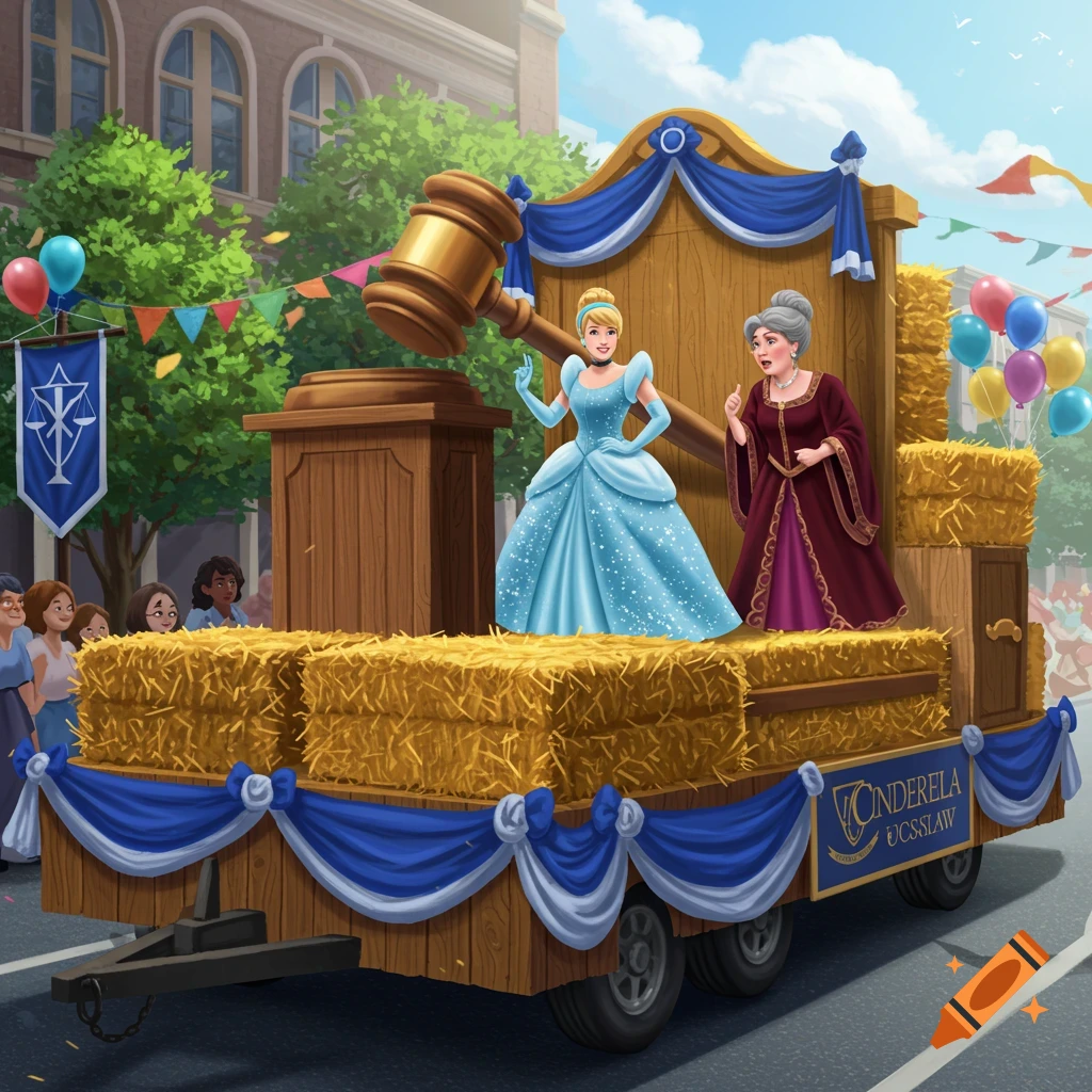 An illustrative image of a parade float with Cinderella and her stepmother on top of hay bales. A large wooden gavel stands behind Cinderella.