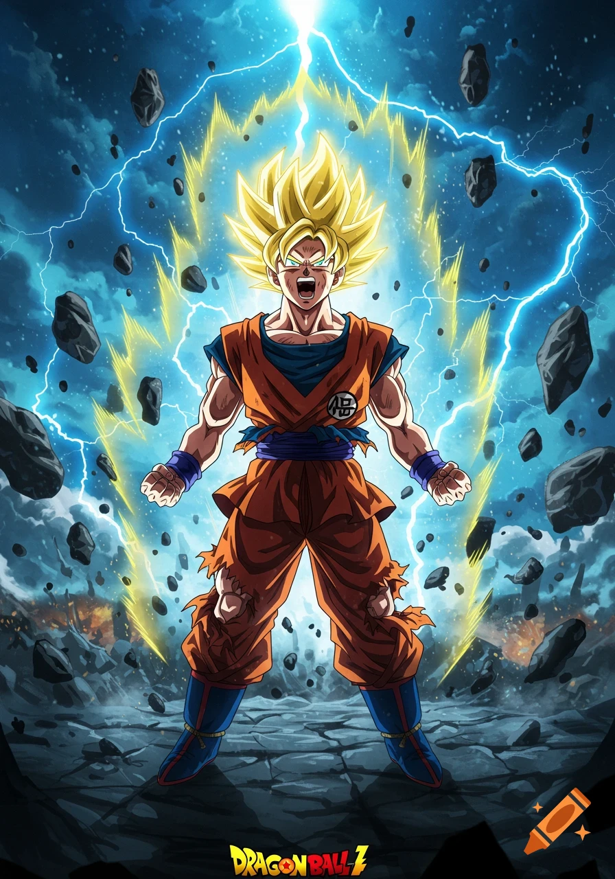 Goku, a Super Saiyan with spiky blonde hair, powers up in an anime illustration, surrounded by a yellow aura, blue lightning, and floating rocks.