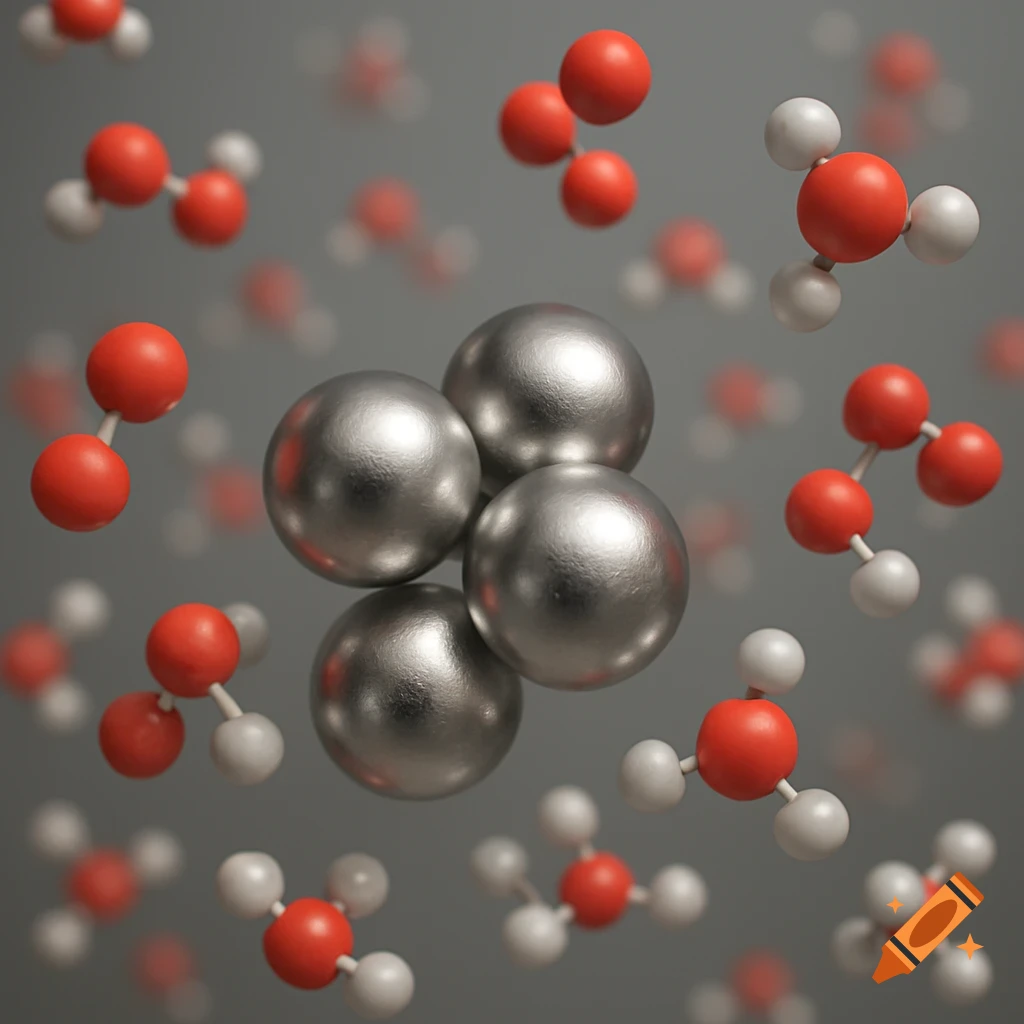 Close-up of silvery spheres representing platinum atoms surrounded by floating red and white molecules of water and oxygen against a grey background.
