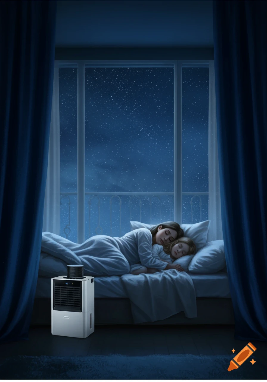 A photorealistic image of a mother and daughter sleeping in a bed at night. A white dehumidifier sits on the floor next to the bed. A large window overlooks a starry night.