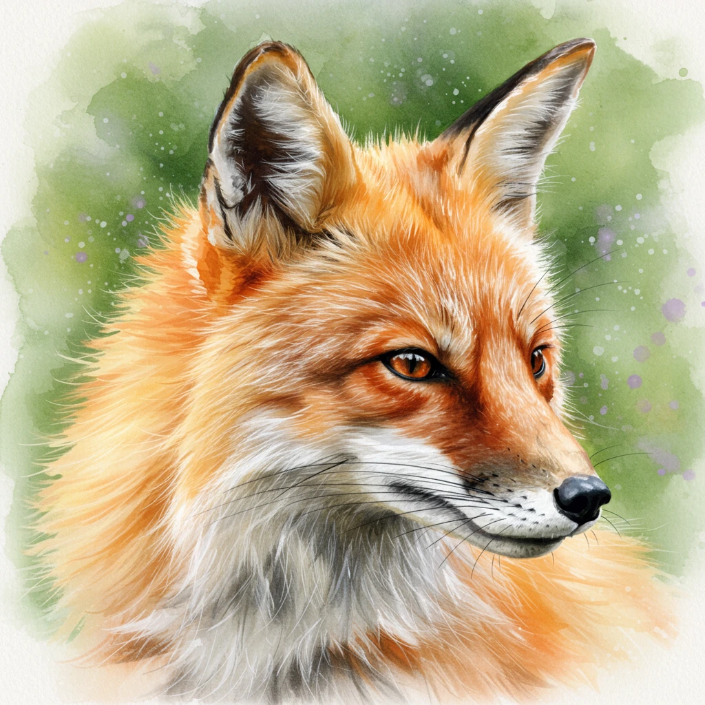 A watercolor painting of a fox's face in side profile with a green background.