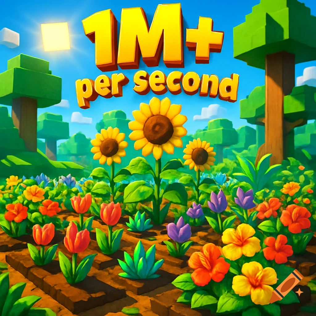 A colorful, blocky garden scene with sunflowers, tulips, and other flowers under a bright blue sky. Large yellow text reads '1M+ per second' above the garden.