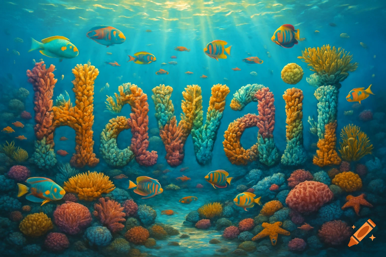 The word HAWAII rendered as colorful coral reefs on the ocean floor, surrounded by tropical fish and sunlight.