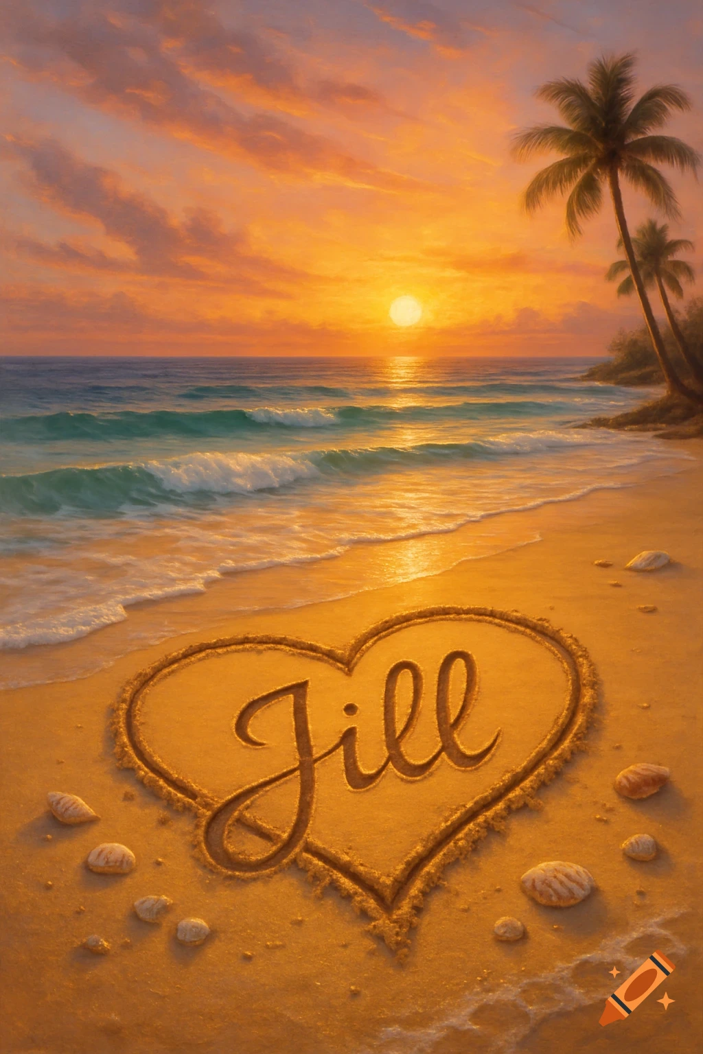 Photorealistic image of the name 'Jill' written in a heart on a sandy beach at sunset, with ocean waves and palm trees.