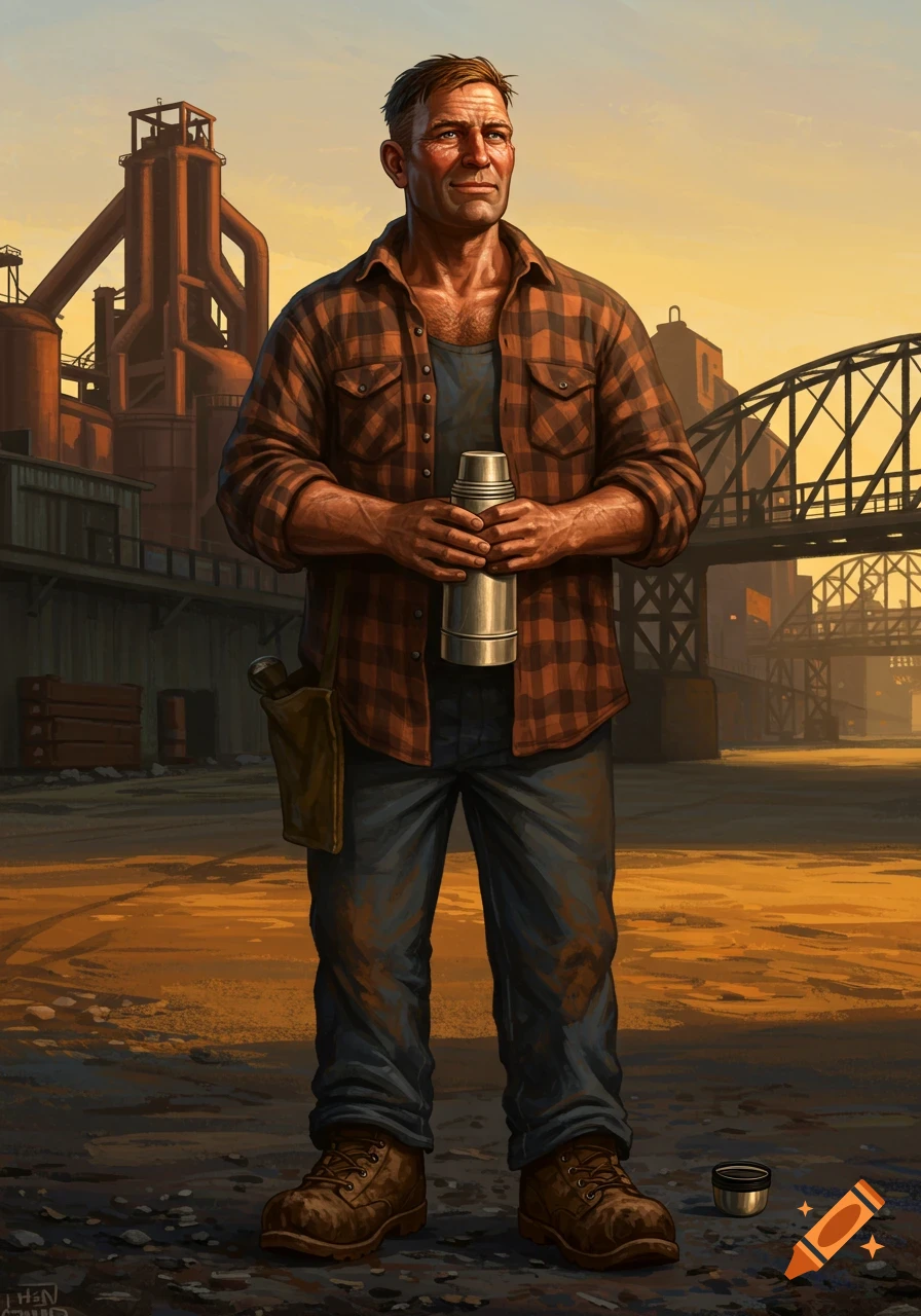 A rugged man in a plaid shirt and work boots stands, holding a thermos, against an industrial backdrop with a factory and bridge at sunset.