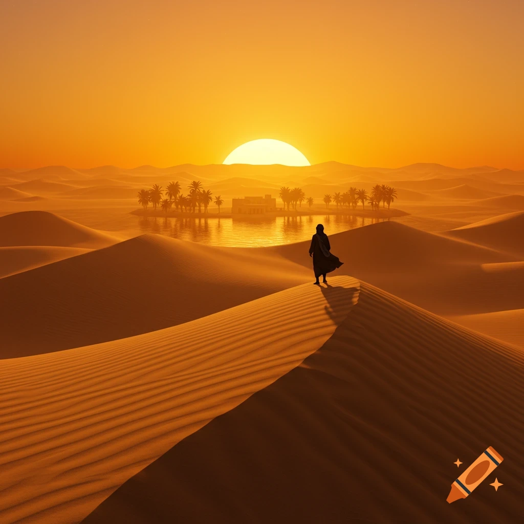 A lone figure stands atop a golden sand dune, gazing towards an oasis with palm trees and buildings under a vibrant orange sunset.